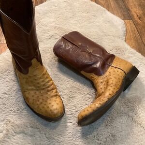 Lucchese Western Cowboy Boots Size 9.5 Zane Roper Ostrich Brown Mens‎